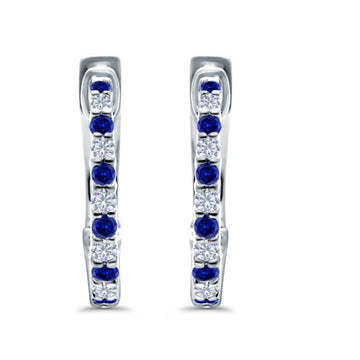 Half Eternity Huggie Hoop Earrings Round Simulated Blue Sapphire CZ 925 Sterling Silver (14mm)